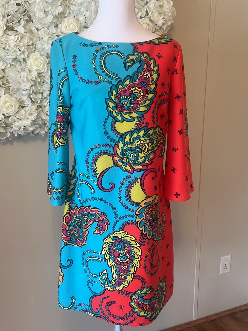 Muse Two-Tone Paisley Shift Dress - Turquoise & Coral with Yellow Accents